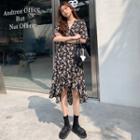Elbow-sleeve Floral Print A-line Dress Black - One Size