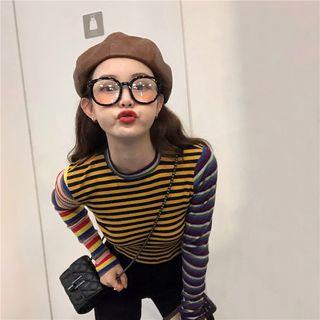 Striped Long-sleeve Slim-fit Top As Figure - One Size
