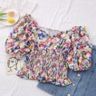 Floral Smocked Crop Blouse As Figure - One Size