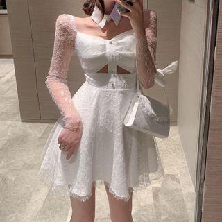 Lace Long-sleeve Cutout Mini A-line Dress