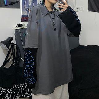 Mock Two-piece Long-sleeve Smiley Face Print Polo-shirt