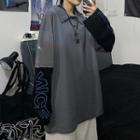 Mock Two-piece Long-sleeve Smiley Face Print Polo-shirt