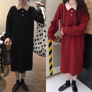 Balloon-sleeve Midi Polo Knit Dress