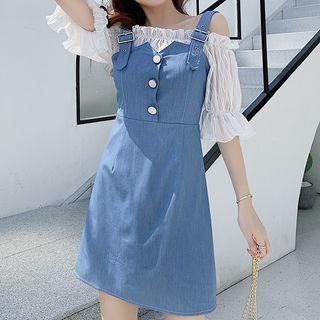 Mock Two-piece Elbow-sleeve Mini A-line Denim Dress