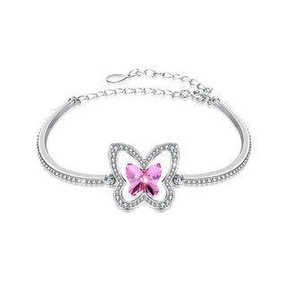 925 Sterling Silver Elegant Pink Butterfly Bracelet With Austrian Element Crystal Silver - One Size