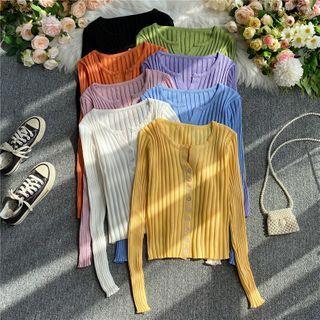 Plain Ribbed Long-sleeve Knit Cardigan