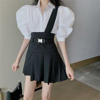 Puff-sleeve Shirt / Single-strap Mini Overall Dress
