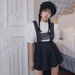 Puff-sleeve Frill Trim Top / Rhinestone Embellished Wide Leg Jumper Shorts