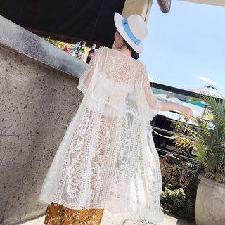 3/4-sleeve Lace Embroidered Open-front Long Light Jacket