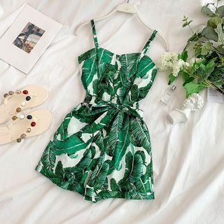 Spaghetti Strap Leaf Pattern Playsuit