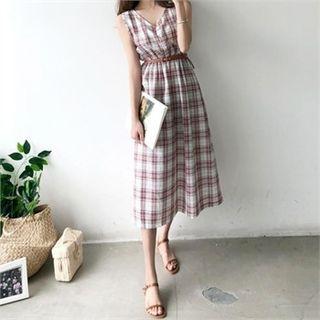 V-neck Sleeveless Plaid Long Dress With Belt