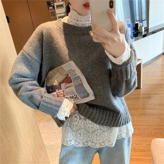 Mock Neck Long-sleeve Lace Top / Long-sleeve Plain Sweater