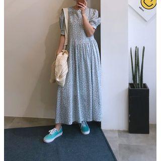 Puff-sleeve Flower Print Maxi A-line Dress