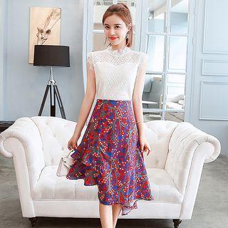 Set: Sleeveless Perforated Top + A-line Printed Midi Skirt