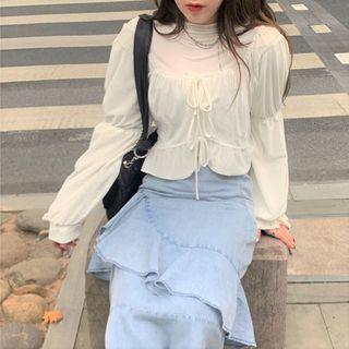 Plain Blouse / Ruffled Denim Skirt
