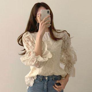Lace-up Back Lace Long-sleeve Top