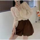 V-neck Shirred Blouse / High-waist Shorts