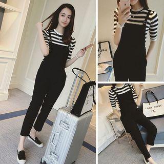 Set: Striped Short-sleeve Knit Top + Cropped Jumper Pants