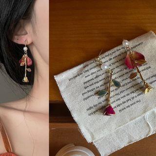 Faux Pearl Asymmetrical Rose Drop Earring 1 Pair - 1919a# - Silver Stud - Red & Gold - One Size