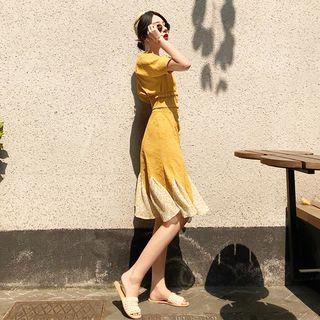 Set: Short-sleeve Crop Top + A-line Godet Skirt