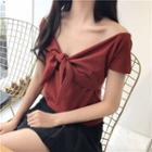 Plain Slim-fit V-neck Bow-accent Short-sleeve Top