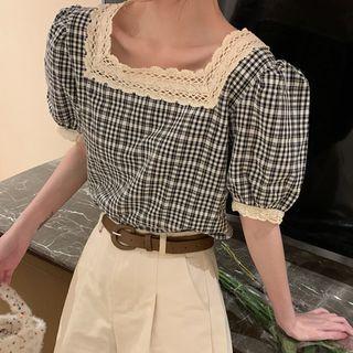 Puff-sleeve Square-neck Lace Panel Plaid Blouse / High-waist Plain Shorts