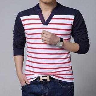 Long-sleeve Striped Open-placket T-shirt