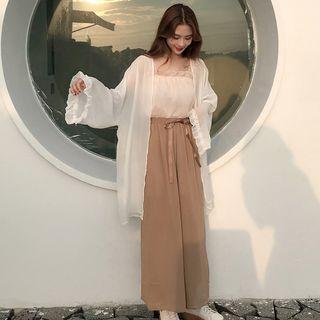 Plain Light Jacket / Ruffle Trim Camisole Top / Wide-leg Pants