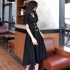 Short-sleeve V-neck Double-breasted Plain Dress
