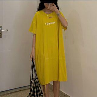 Elbow-sleeve Letter Knotted Midi T-shirt Dress