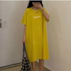 Elbow-sleeve Letter Knotted Midi T-shirt Dress