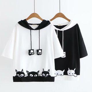 Cat Applique Elbow-sleeve Hoodie