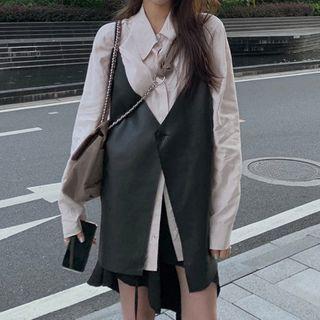 Plain Shirt / Spaghetti Strap Faux Leather Buttoned Mini Dress