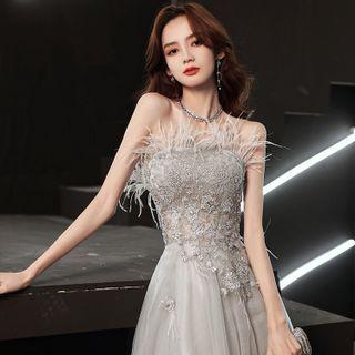 Strapless Fringed A-line Evening Gown
