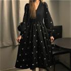 Puff-sleeve Patterned A-line Dress Black - One Size
