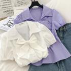Plain Bow Accent Puff-sleeve Blouse