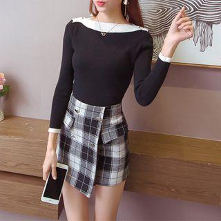 Long-sleeve Contrast Trim Boatneck Sweater