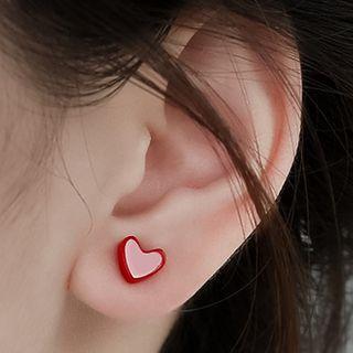 925 Sterling Silver Heart Stud Earring 1 Pair - Red - One Size