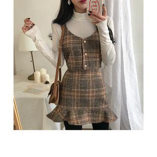 Set: Plaid Cropped Top + Ruffle-hem Miniskirt