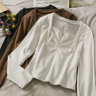 Long-sleeve Square-neck Ruched Cropped T-shirt