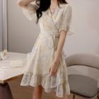 Ruffle Trim Dye Print Short-sleeve A-line Dress