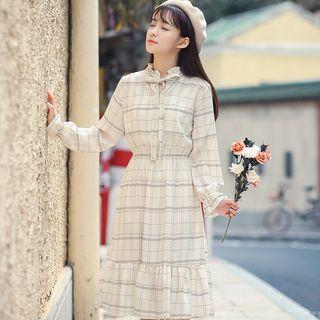 Long-sleeve Midi A-line Chiffon Plaid Dress