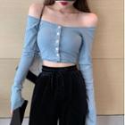 Long-sleeve Off Shoulder T-shirt / Velvet Wide-leg Pants