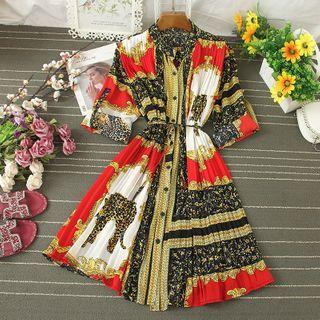 Printed Tie-waist Midi A-line Shirtdress