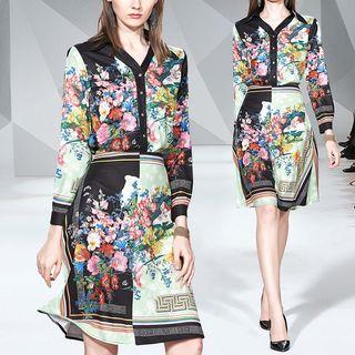 Set: Flower Print Shirt + A-line Skirt