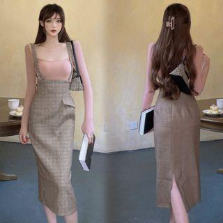 Scoop-neck Long-sleeve T-shirt / Plaid Midi Suspender Skirt