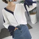 V-neck Contrast-trim Shirt As Shown In Figure - One Size