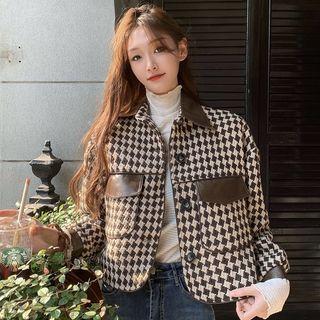 Houndstooth Faux Leather Panel Cropped Jacket