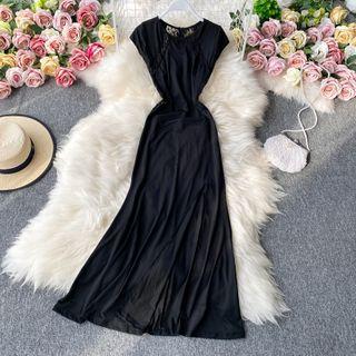 Round-neck Cut Out Lace-panel Slit Dress Black - One Size