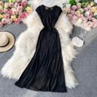 Round-neck Cut Out Lace-panel Slit Dress Black - One Size